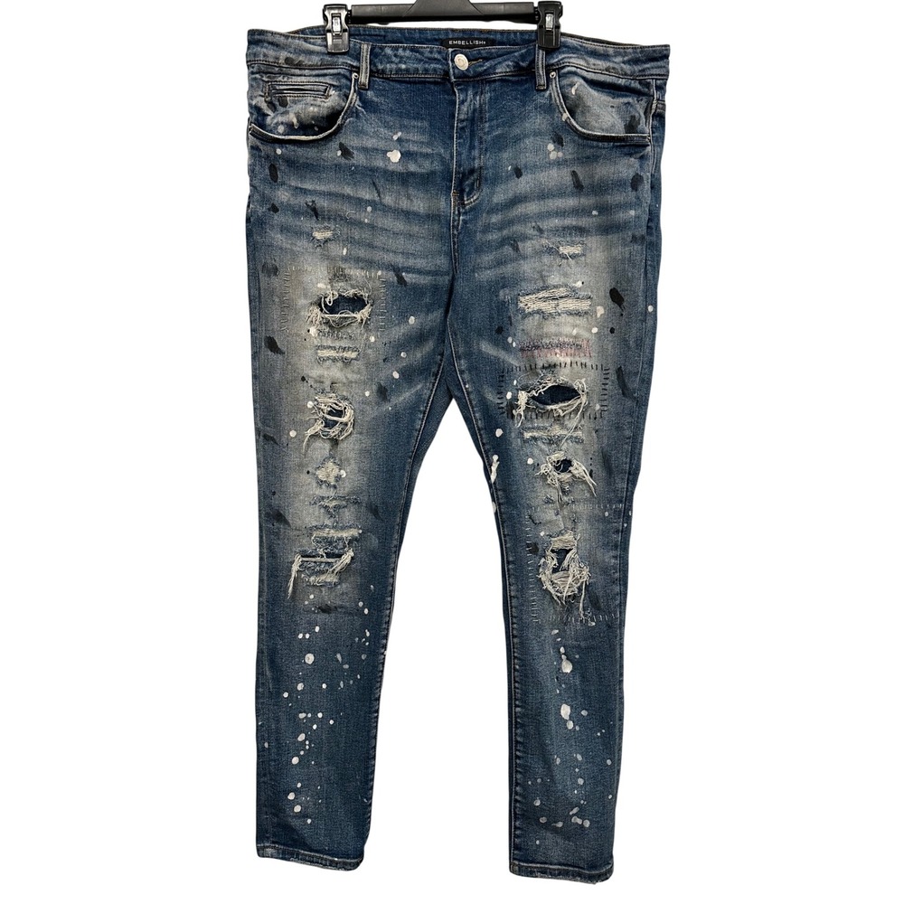 Embellish NYC Mens 42 Distressed Paint Splatter Patchwork Slim Jeans Blue 738